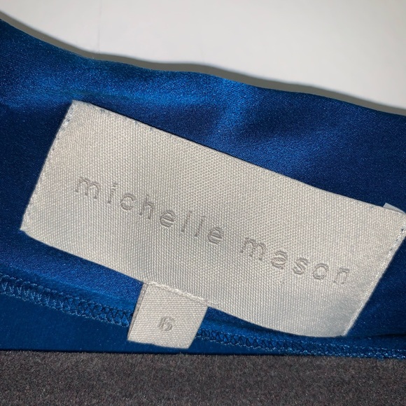 MICHELLE MASON Silk Charmeuse One-Shoulder Sleeve Blue Mini Dress 6 - Picture 7 of 10
